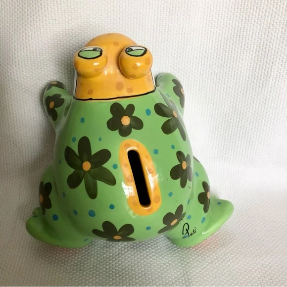 Ganz ceramic green frog piggy bank flowers polka dots EUC hand painted - Picture 6 of 14